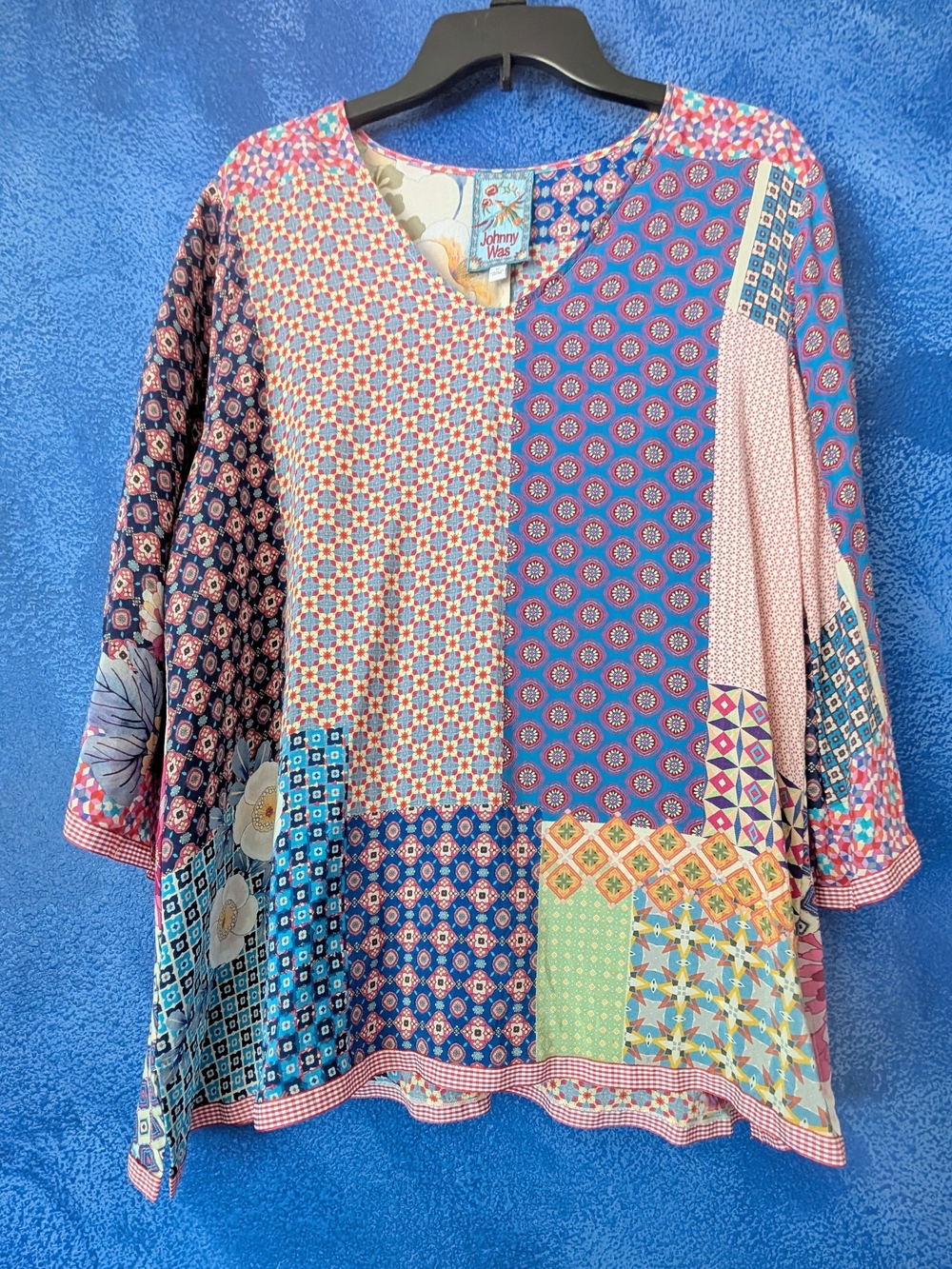 Johnny Was Jade Mixed Print Patchwork Silk Top Size M